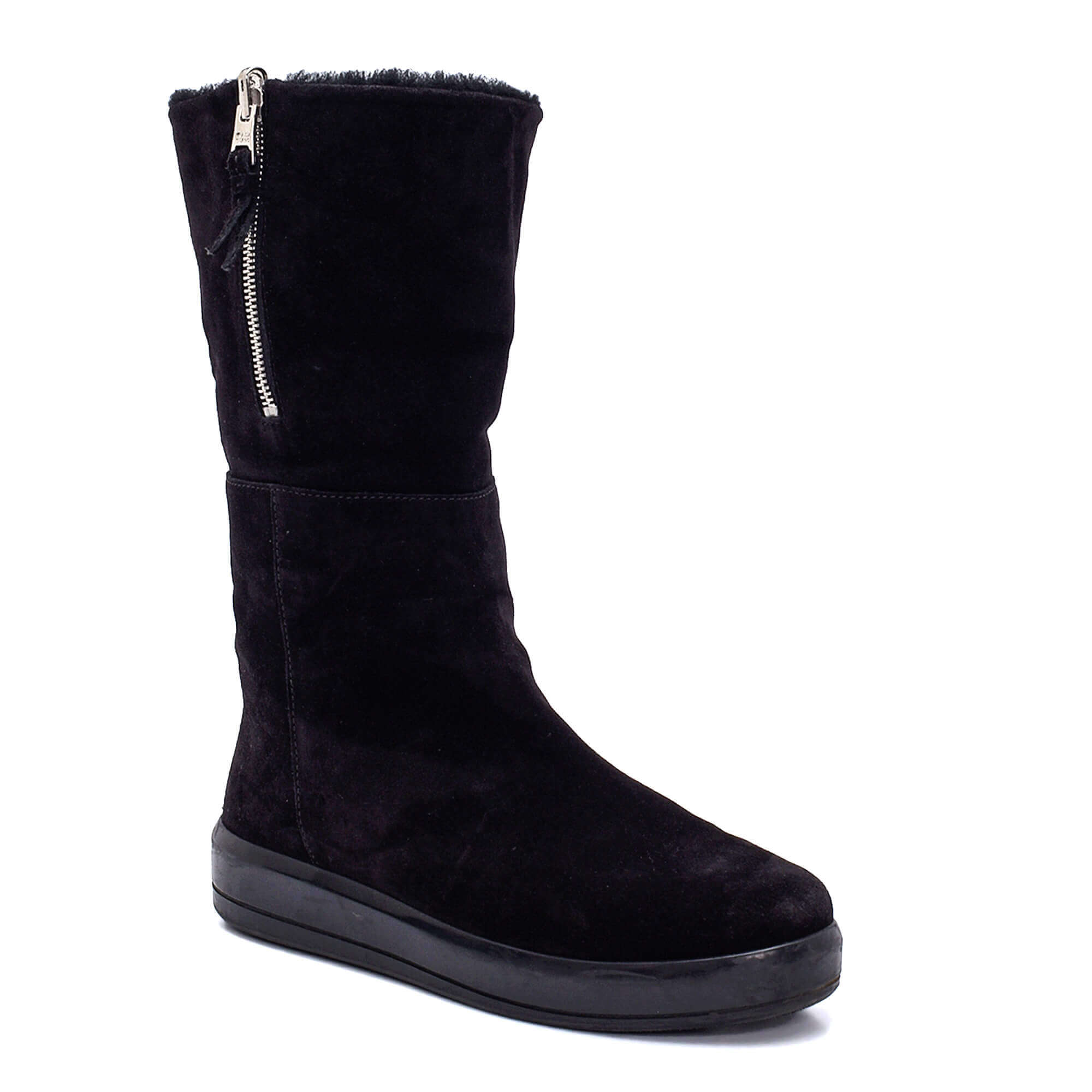 Prada - Black Suede Fur Trimmed Zipped Boots